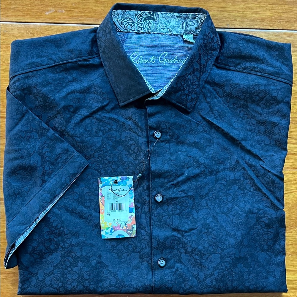 Robert Graham Mens Shirt Bayview XL Black Short Sleeve Printed Classic NWT $178 - Picture 5 of 5